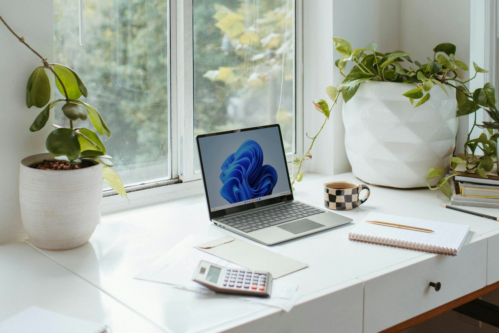 Windows laptop on a bright desk beside a window, with plants and coffee