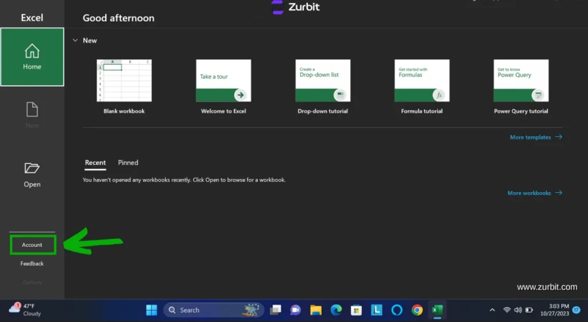 Microsoft Excel Account option