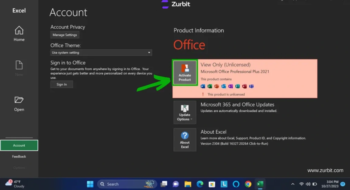 Activate Product option on the Microsoft Excel Account page