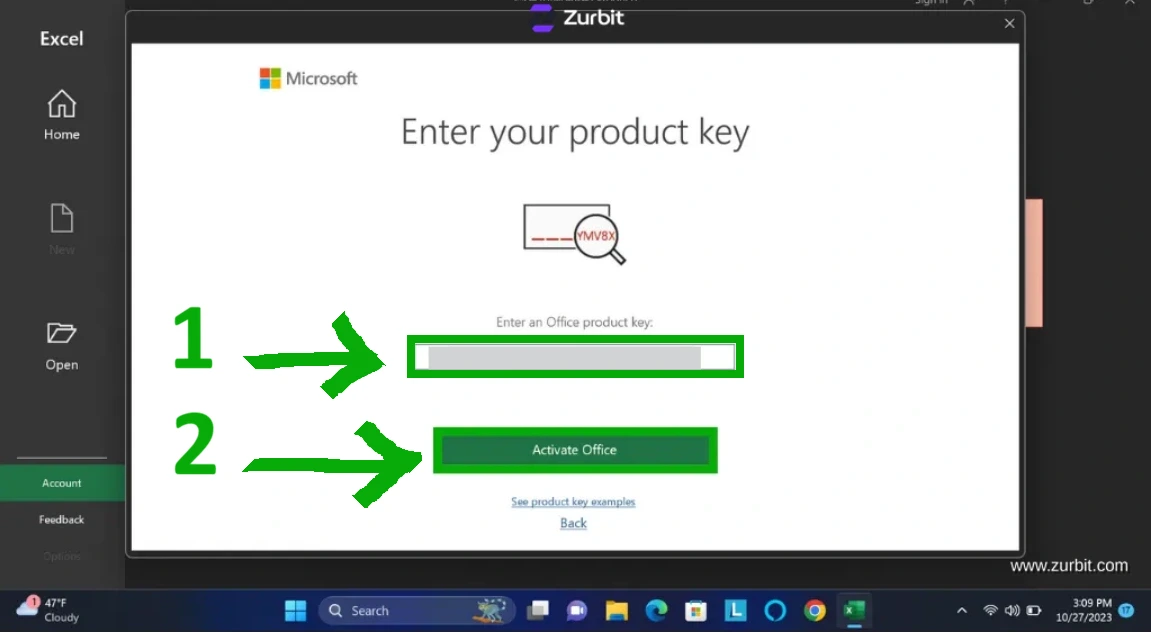 Microsoft Office product-key entry and Activate Office controls