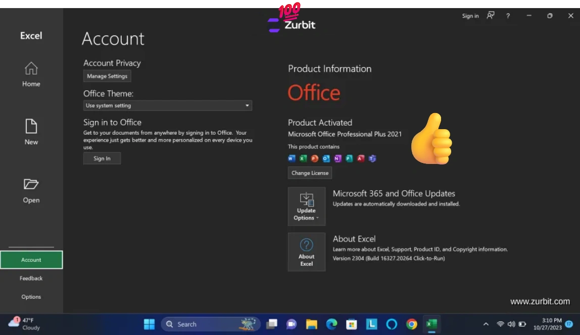 Microsoft Excel Account page showing Product Activated