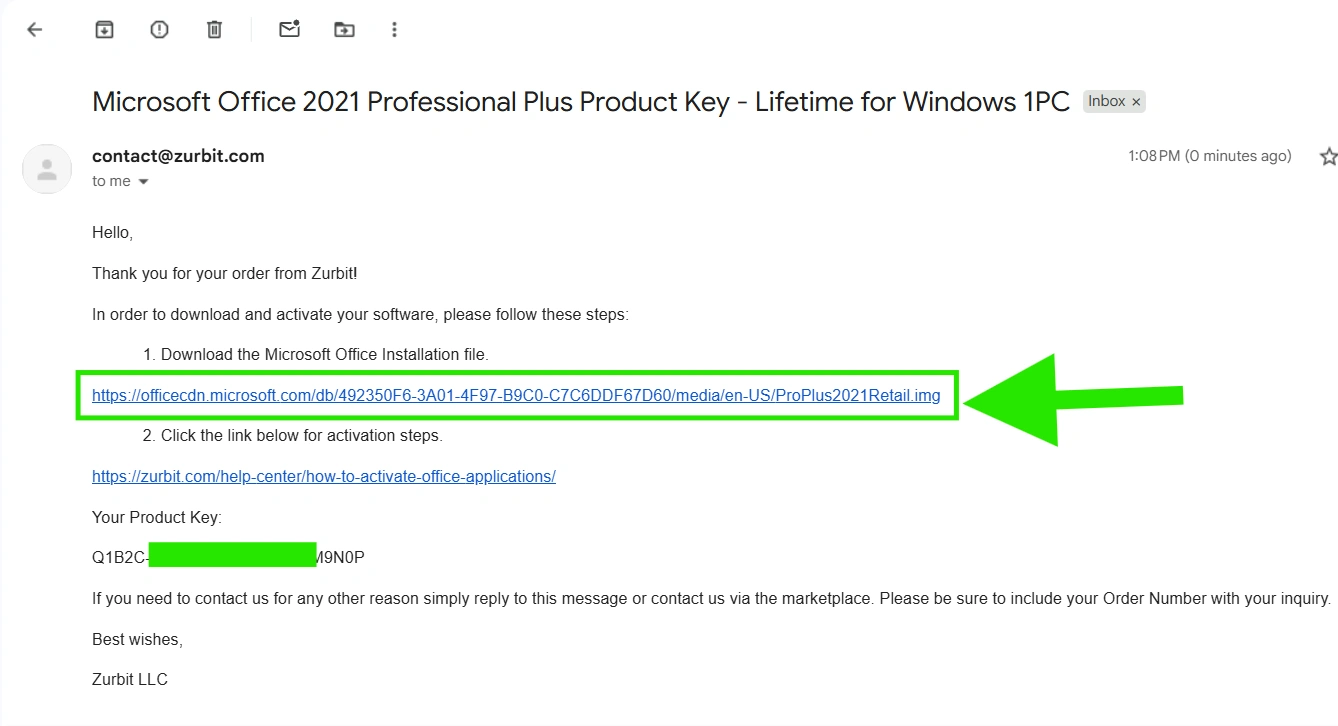 Zurbit order email showing the Microsoft Office download link and a concealed product key