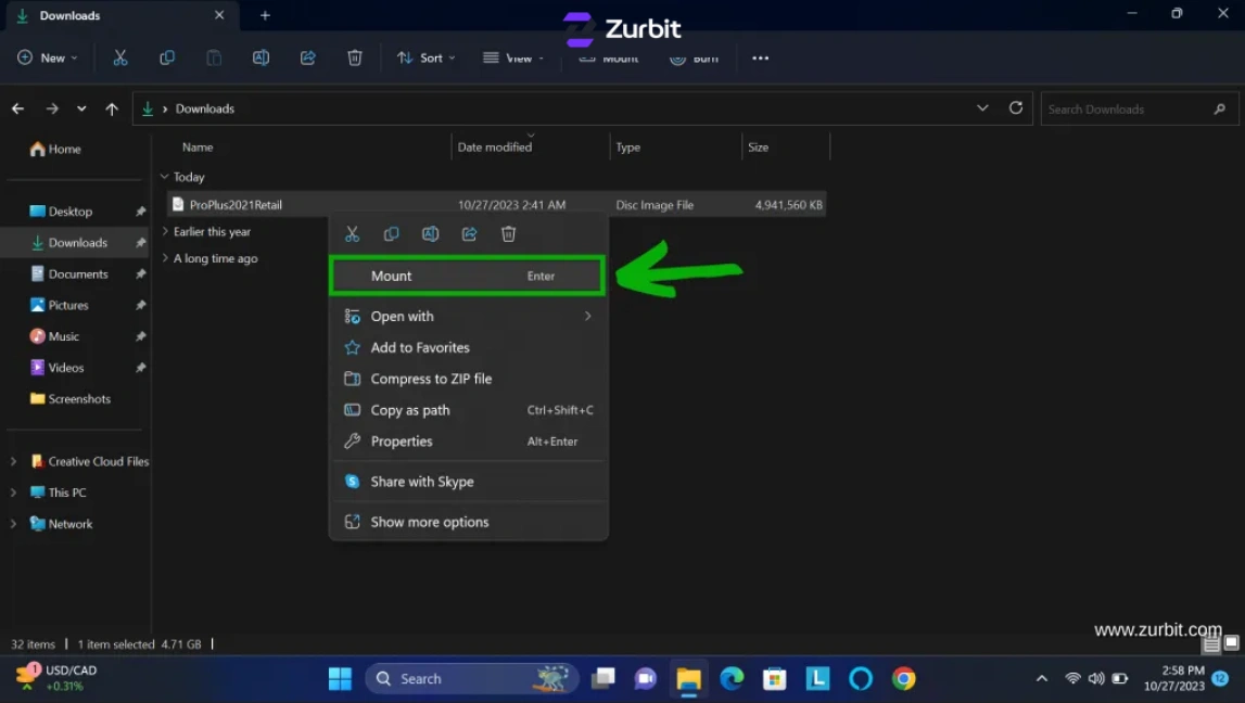 Windows File Explorer context menu with Mount selected for an Office IMG file