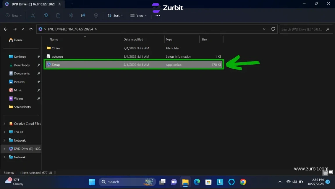 Office setup application inside the mounted Windows drive