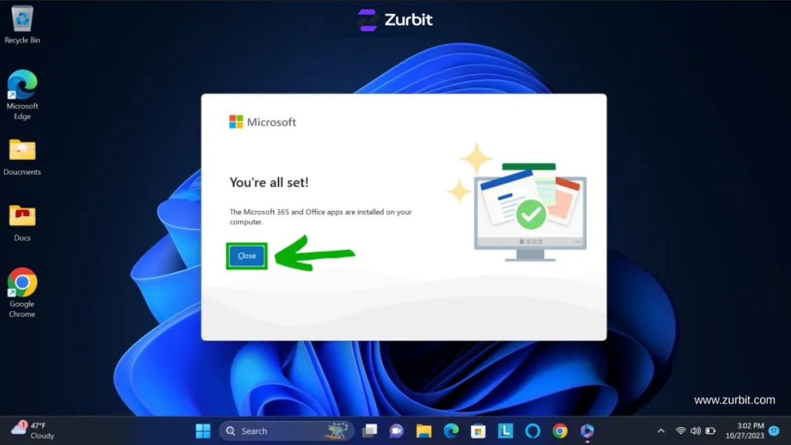 Microsoft Office installation completed confirmation window