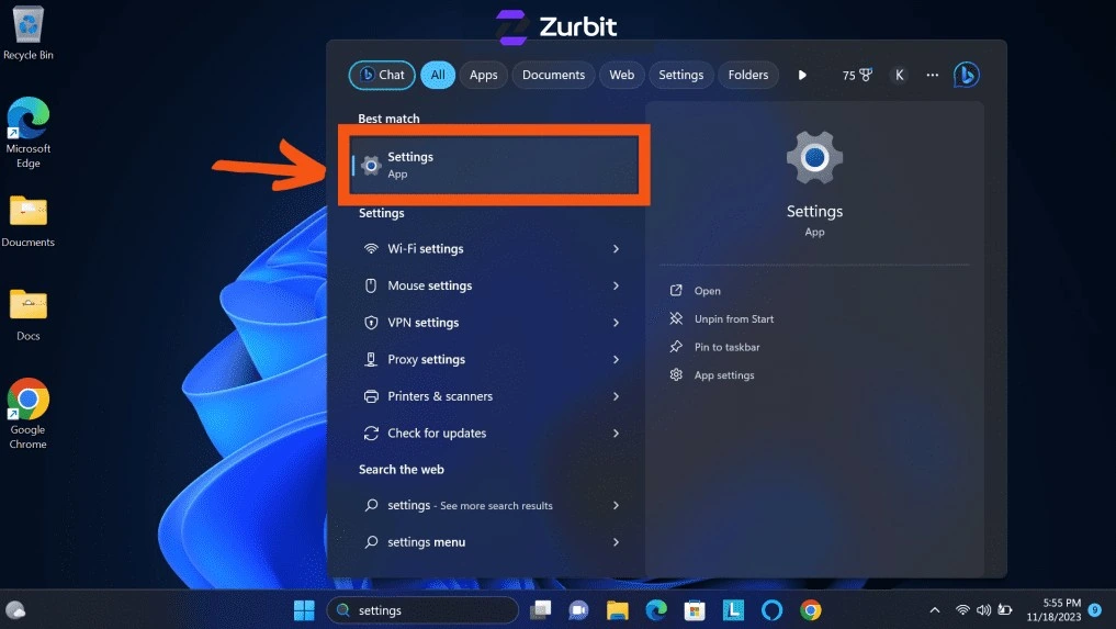 Windows Settings opened from the Start menu