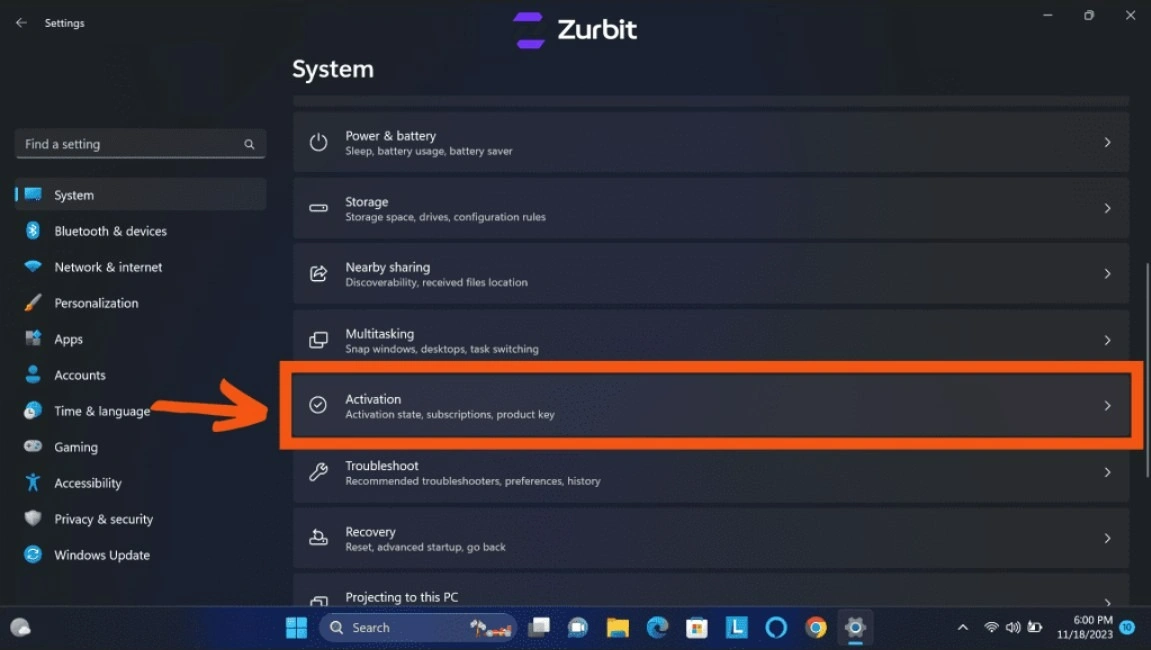 Windows 11 System settings with Activation selected