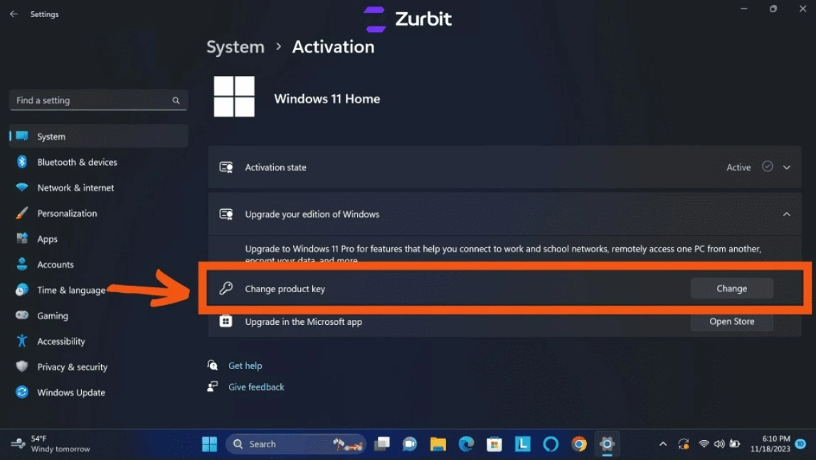 Change product key option in Windows 11 Activation settings