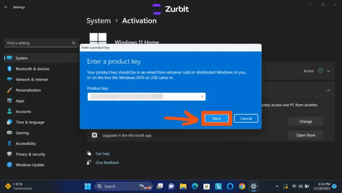 Windows product key entered with the Next button available