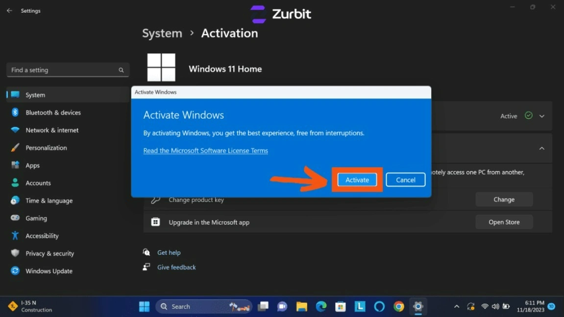 Activate Windows confirmation dialog